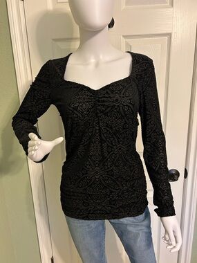 LOFT Black Long-Sleeve Velour Textured Square Neck Top
